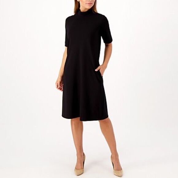 Susan Graver Every Day Petite Supreme Knit Elbow Sleeve Mock Neck Dress - Picture 1 of 7
